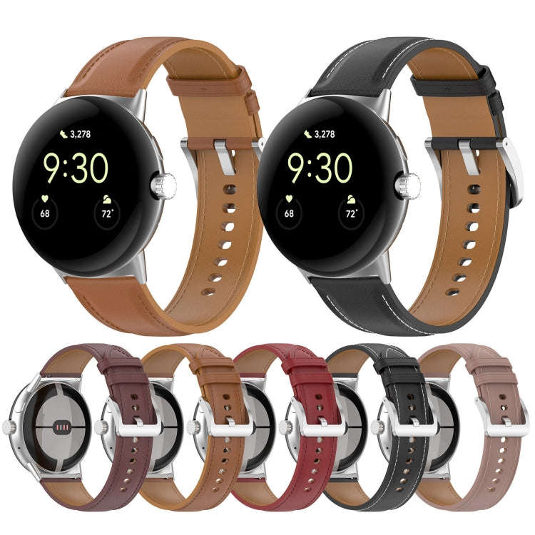 For Google Pixel Watch 2 Top Layer Leather Embossed Sewing Watch Band(Black)