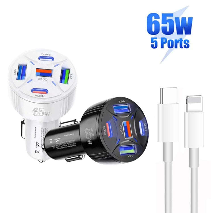TE-P50 65W PD30W Type-C x 2 + USB x 3 Multi Port Car Charger with 1m Type-C to 8 Pin Data Cable(B...