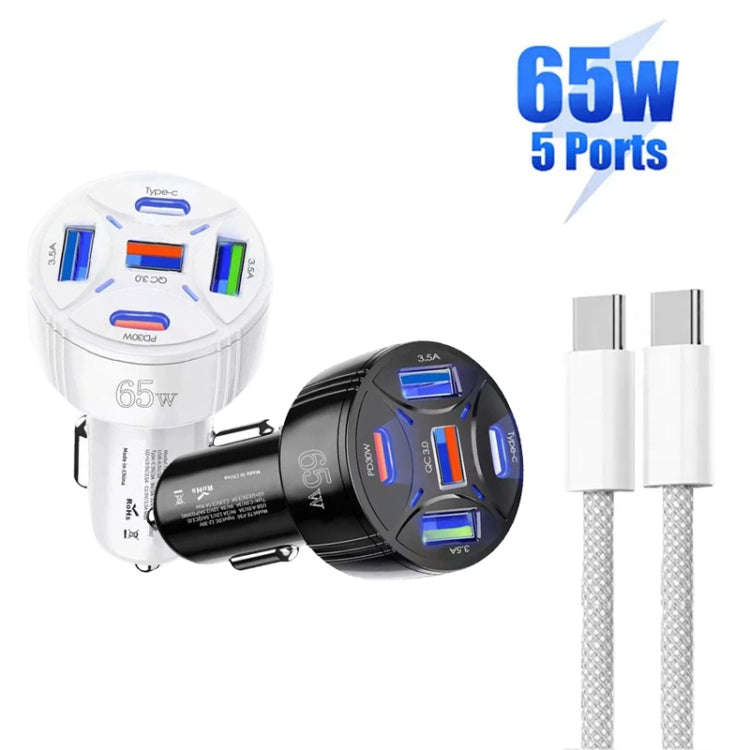 TE-P50 65W PD30W Type-C x 2 + USB x 3 Multi Port Car Charger with 1m Type-C to Type-C Data Cable(...