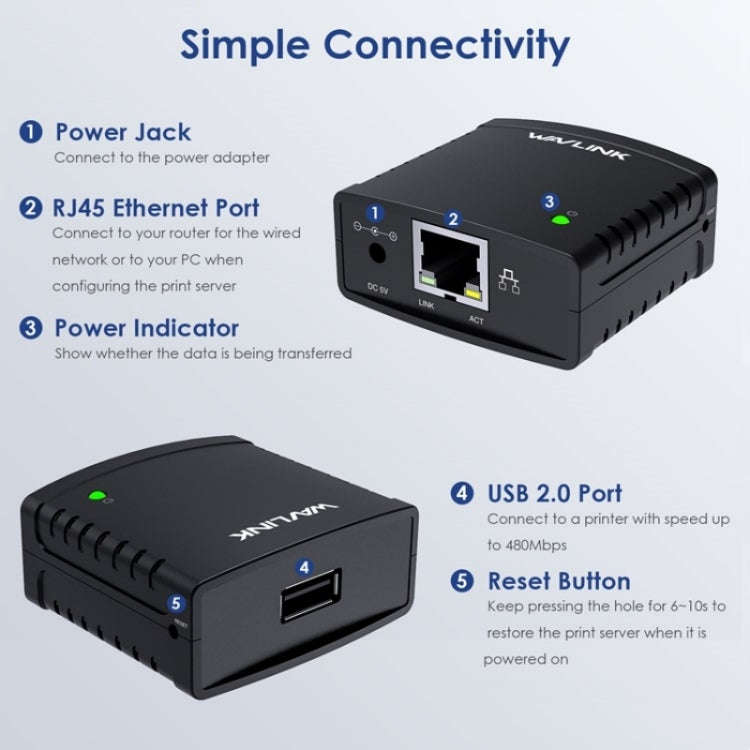 WAVLINK NU72P11 100Mbps Network Print Server USB 2.0 Network Printer Power Adapter(AU Plug)