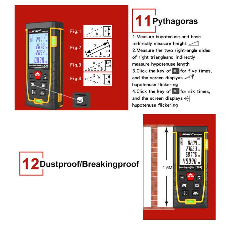 SNDWAY Double Horizontal bubble Rangefinder Laser Distance Meter Range Hand Tool Device SW-TG50