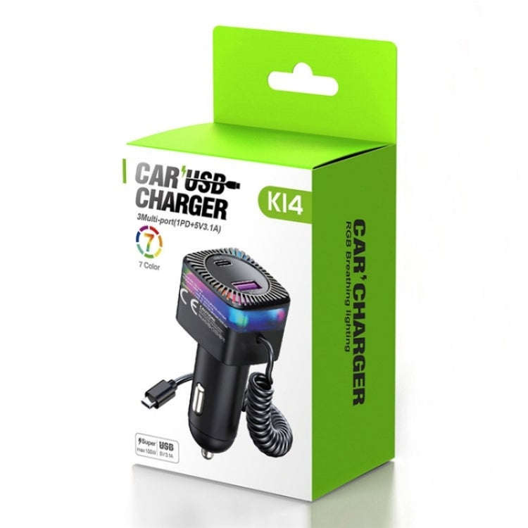 With Spring Type-C Cable USB + Type-C PD 30W Phone Fast Charging Adapter Car Charger