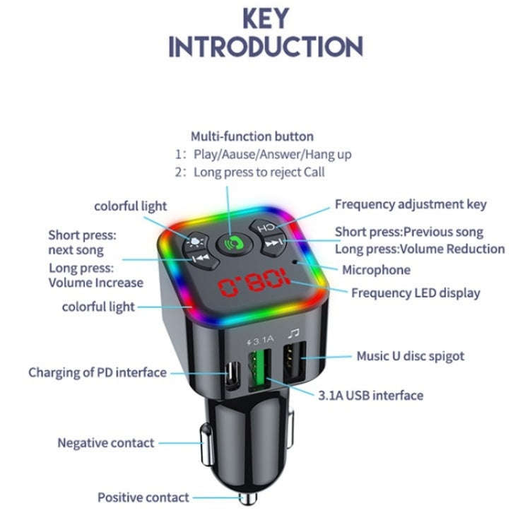 Colorful light Car Hands-free Call Bluetooth Receiver Support U Disk MP3 Player