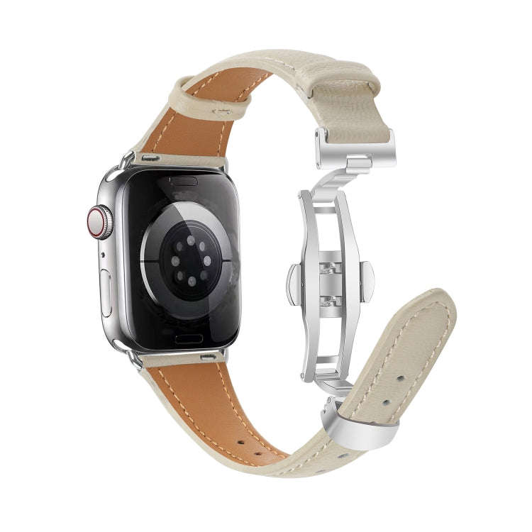 For Apple Watch SE 2023 40mm Plain Leather Butterfly Buckle Watch Band(Beige+Silver)