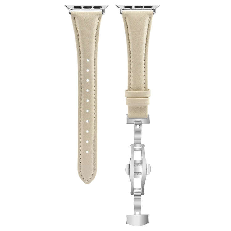 For Apple Watch SE 2023 40mm Plain Leather Butterfly Buckle Watch Band(Beige+Silver)