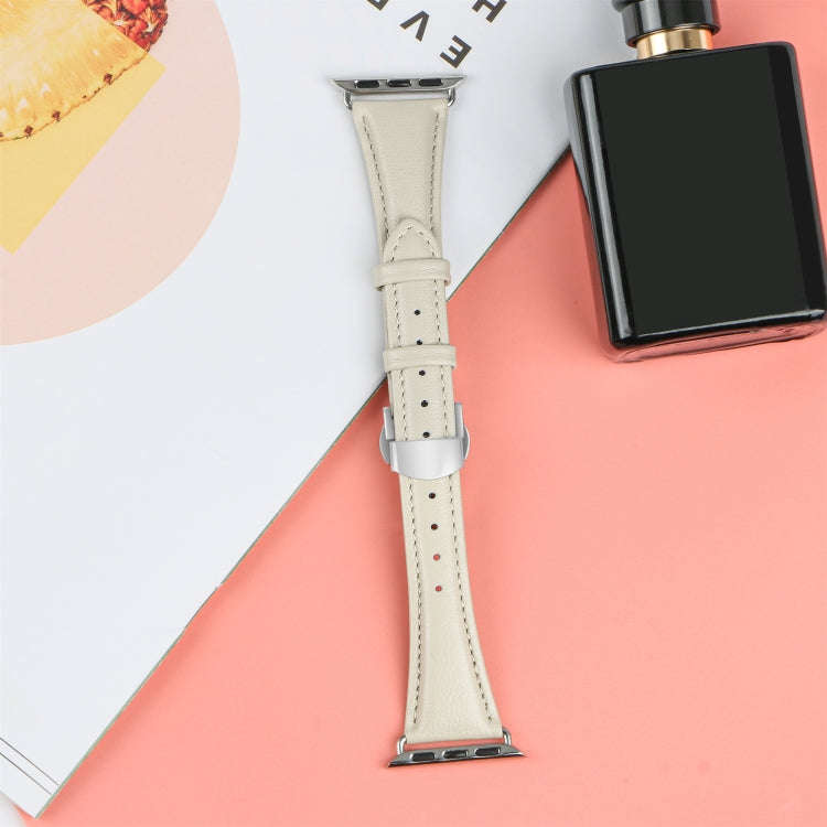 For Apple Watch SE 2023 40mm Plain Leather Butterfly Buckle Watch Band(Beige+Silver)