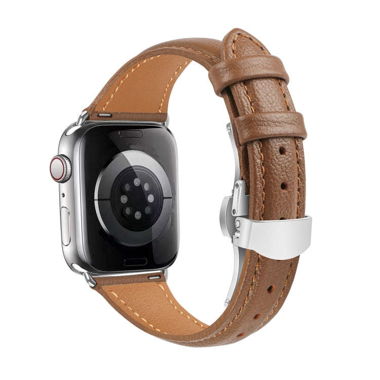 For Apple Watch Series 9 41mm Plain Leather Butterfly Buckle Watch Band(Dark Brown+Silver)