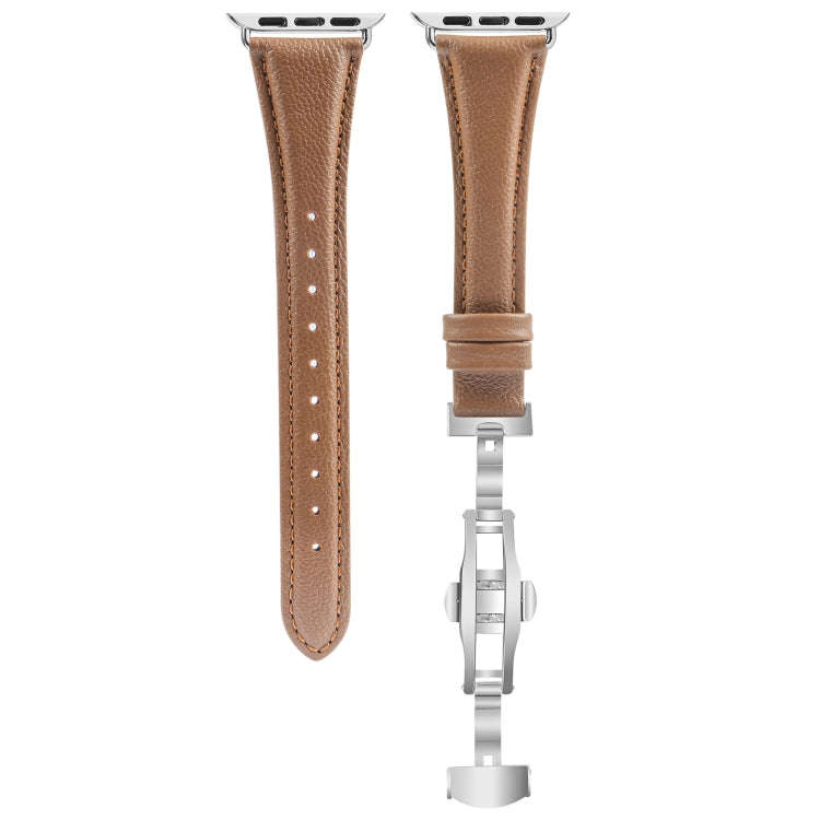 For Apple Watch Series 9 41mm Plain Leather Butterfly Buckle Watch Band(Dark Brown+Silver)
