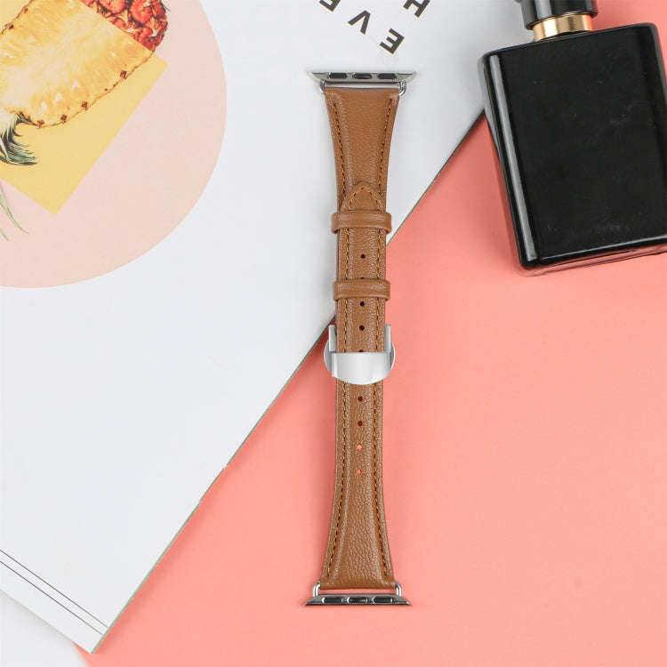 For Apple Watch Series 9 41mm Plain Leather Butterfly Buckle Watch Band(Dark Brown+Silver)
