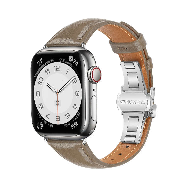 For Apple Watch Series 9 41mm Plain Leather Butterfly Buckle Watch Band(Gray+Silver)