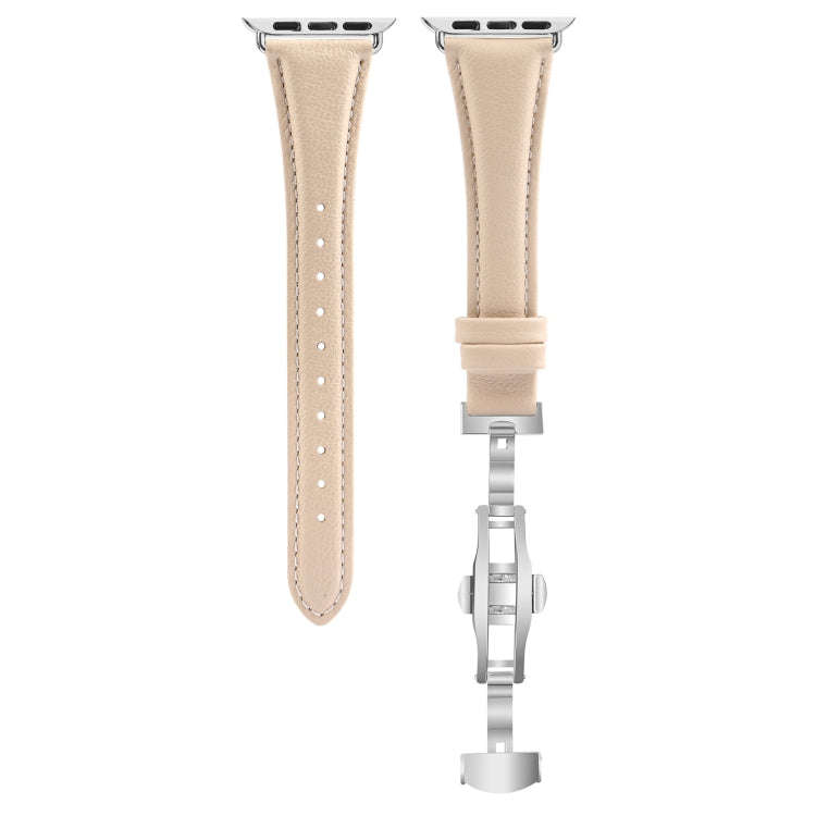 For Apple Watch Series 9 41mm Plain Leather Butterfly Buckle Watch Band(Apricot+Silver)