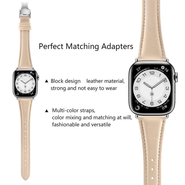 For Apple Watch Series 9 41mm Plain Leather Butterfly Buckle Watch Band(Apricot+Silver)