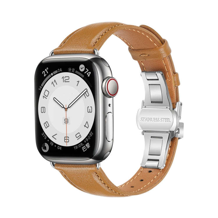 For Apple Watch Series 9 41mm Plain Leather Butterfly Buckle Watch Band(Brown+Silver)
