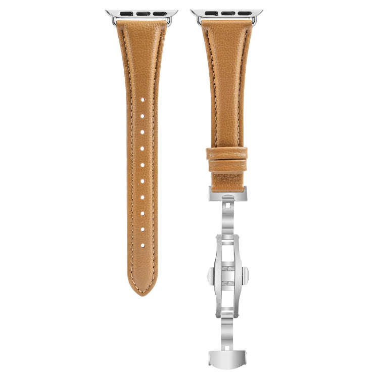 For Apple Watch Series 9 41mm Plain Leather Butterfly Buckle Watch Band(Brown+Silver)