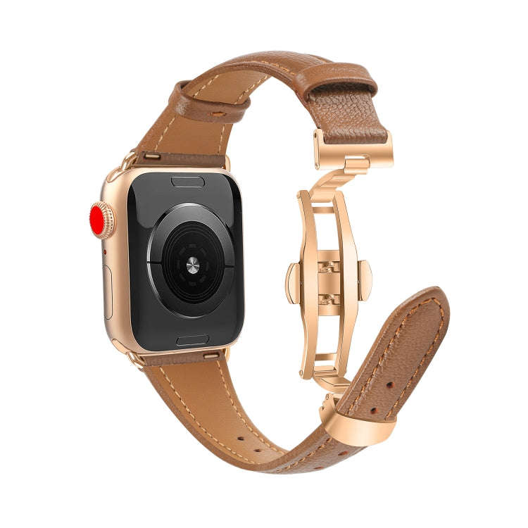 For Apple Watch Series 9 41mm Plain Leather Butterfly Buckle Watch Band(Dark Brown+Rose Gold)