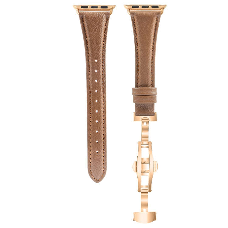 For Apple Watch Series 9 41mm Plain Leather Butterfly Buckle Watch Band(Dark Brown+Rose Gold)