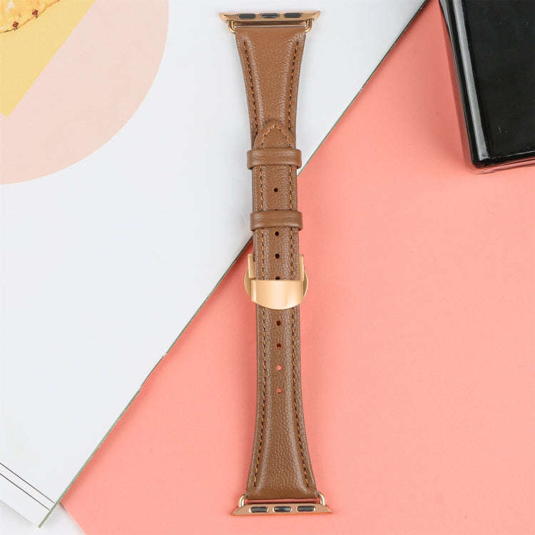 For Apple Watch Series 9 41mm Plain Leather Butterfly Buckle Watch Band(Dark Brown+Rose Gold)