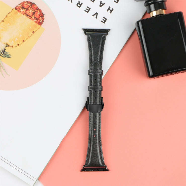 For Apple Watch Series 9 41mm Plain Leather Butterfly Buckle Watch Band(Black+Black)