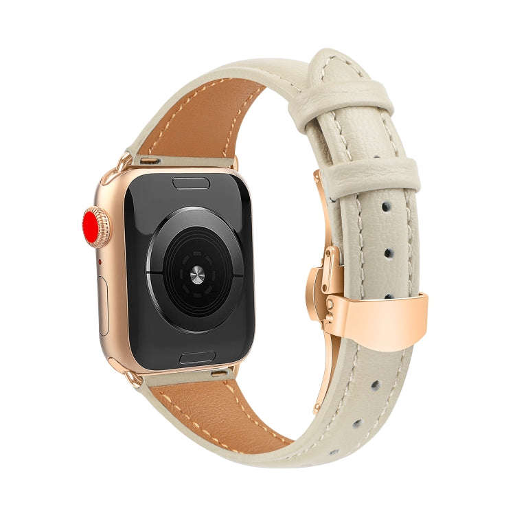 For Apple Watch Series 9 41mm Plain Leather Butterfly Buckle Watch Band(Beige+Rose Gold)