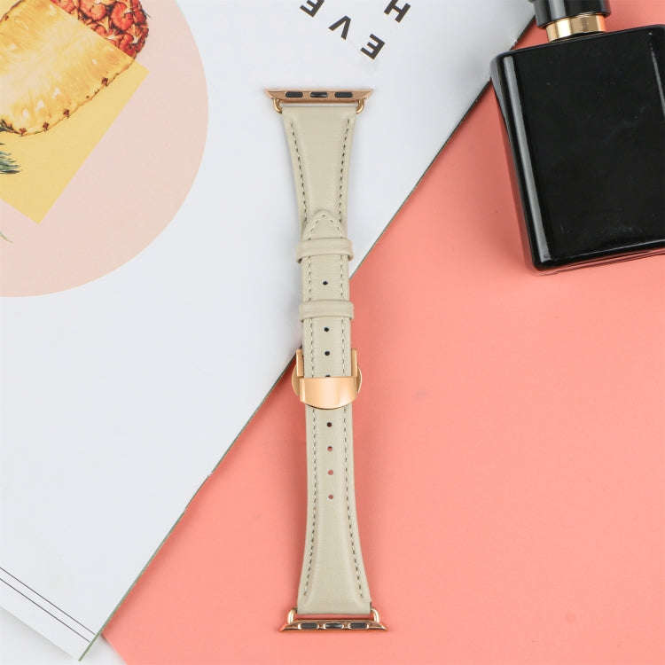 For Apple Watch Series 9 41mm Plain Leather Butterfly Buckle Watch Band(Beige+Rose Gold)
