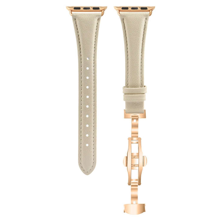 For Apple Watch Series 8 41mm Plain Leather Butterfly Buckle Watch Band(Beige+Rose Gold)