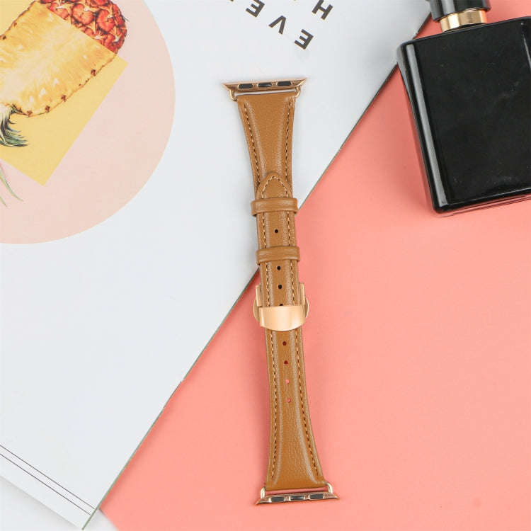 For Apple Watch Series 8 41mm Plain Leather Butterfly Buckle Watch Band(Brown+Rose Gold)