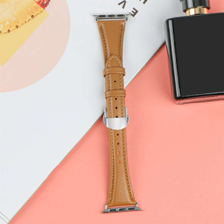 For Apple Watch Series 8 45mm Plain Leather Butterfly Buckle Watch Band(Brown+Silver)