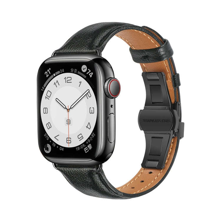 For Apple Watch Series 8 45mm Plain Leather Butterfly Buckle Watch Band(Black+Black)