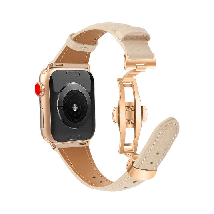 For Apple Watch Series 8 45mm Plain Leather Butterfly Buckle Watch Band(Apricot+Rose Gold)