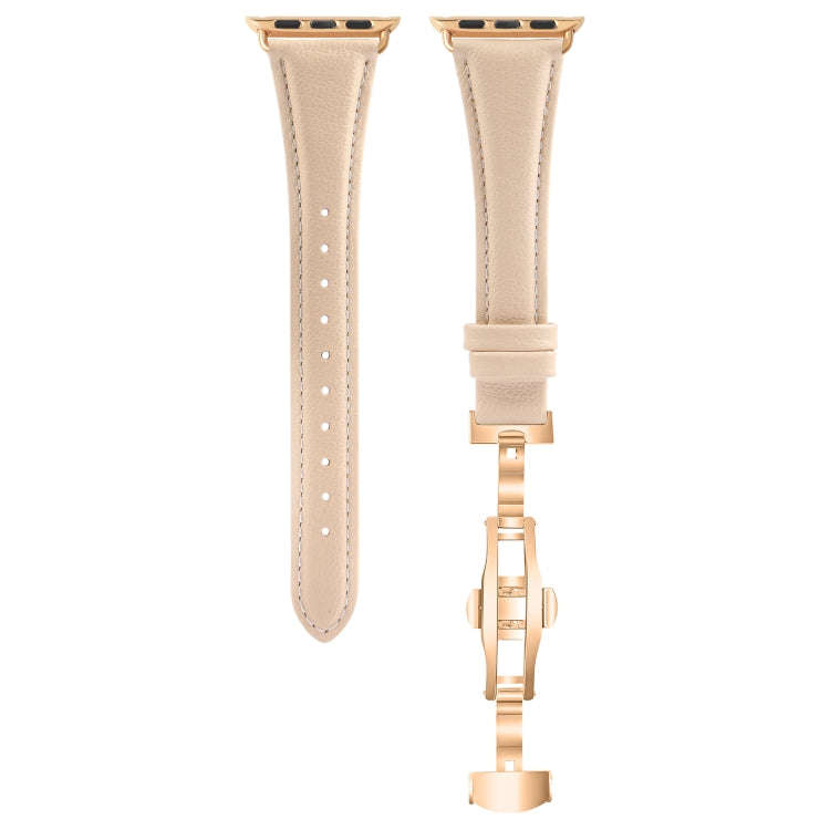 For Apple Watch Series 8 45mm Plain Leather Butterfly Buckle Watch Band(Apricot+Rose Gold)