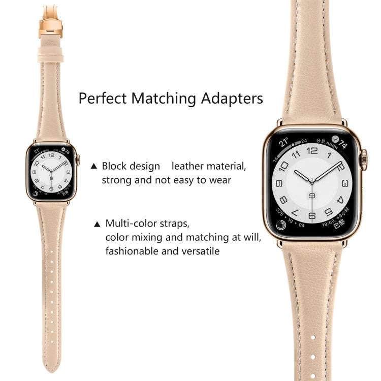 For Apple Watch Series 8 45mm Plain Leather Butterfly Buckle Watch Band(Apricot+Rose Gold)