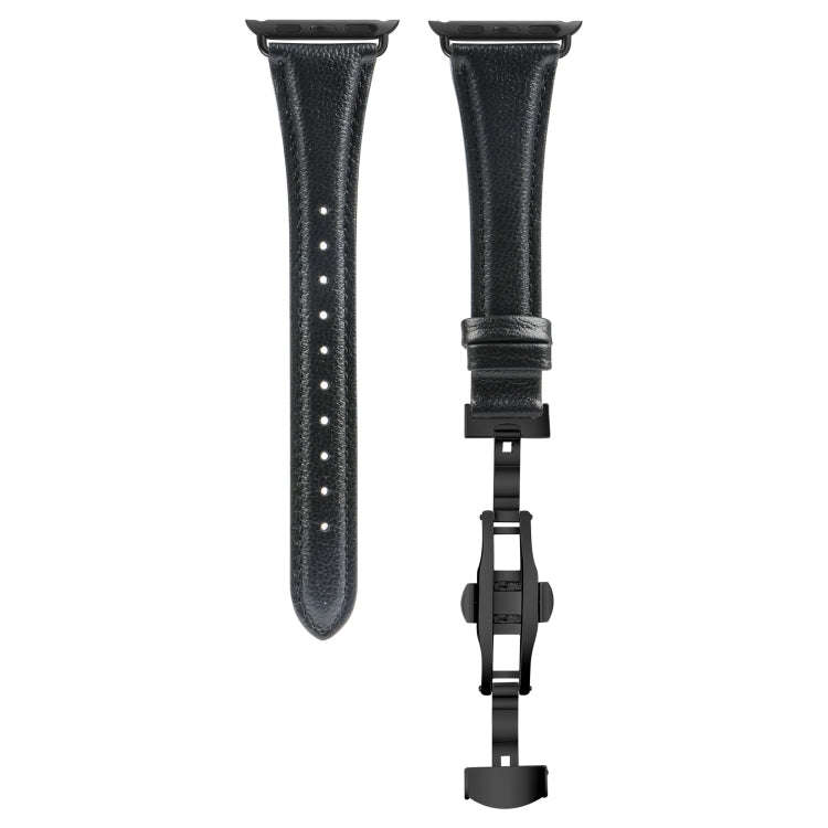 For Apple Watch SE 2022 40mm Plain Leather Butterfly Buckle Watch Band(Black+Black)