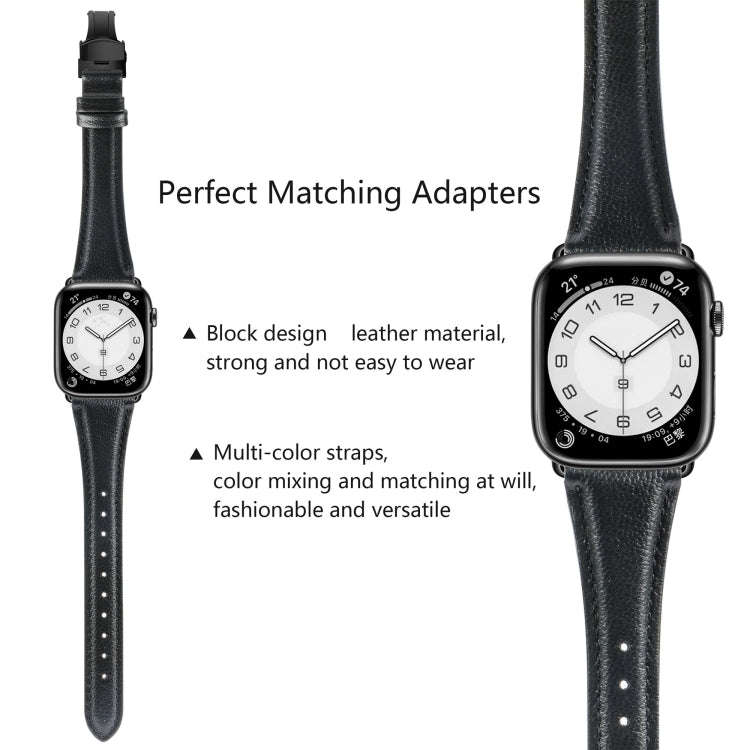 For Apple Watch SE 2022 40mm Plain Leather Butterfly Buckle Watch Band(Black+Black)