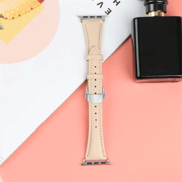 For Apple Watch Series 7 45mm Plain Leather Butterfly Buckle Watch Band(Apricot+Silver)