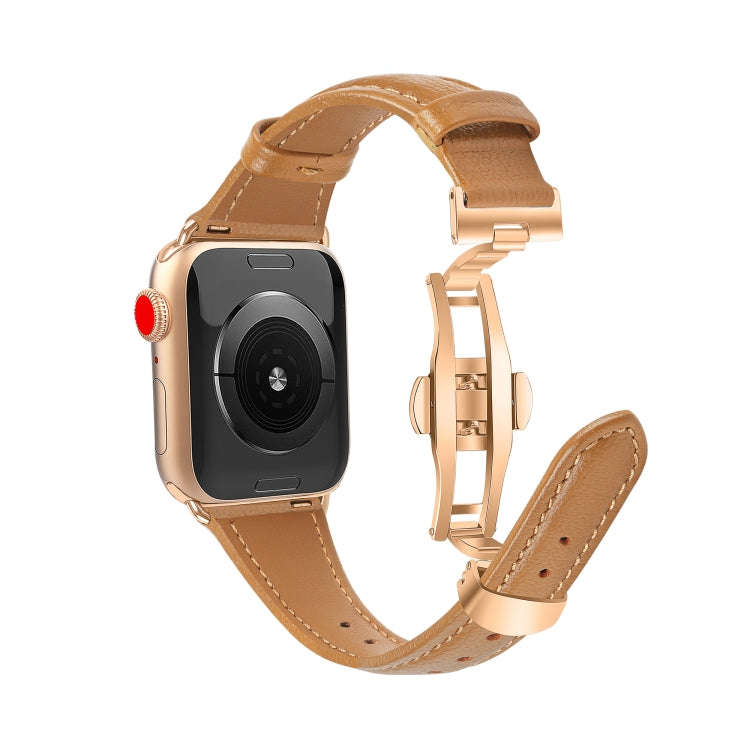 For Apple Watch Series 7 45mm Plain Leather Butterfly Buckle Watch Band(Brown+Rose Gold)