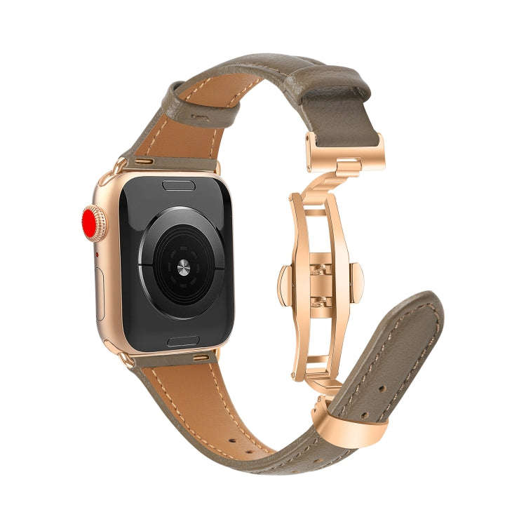For Apple Watch Series 5 44mm Plain Leather Butterfly Buckle Watch Band(Gray+Rose Gold)