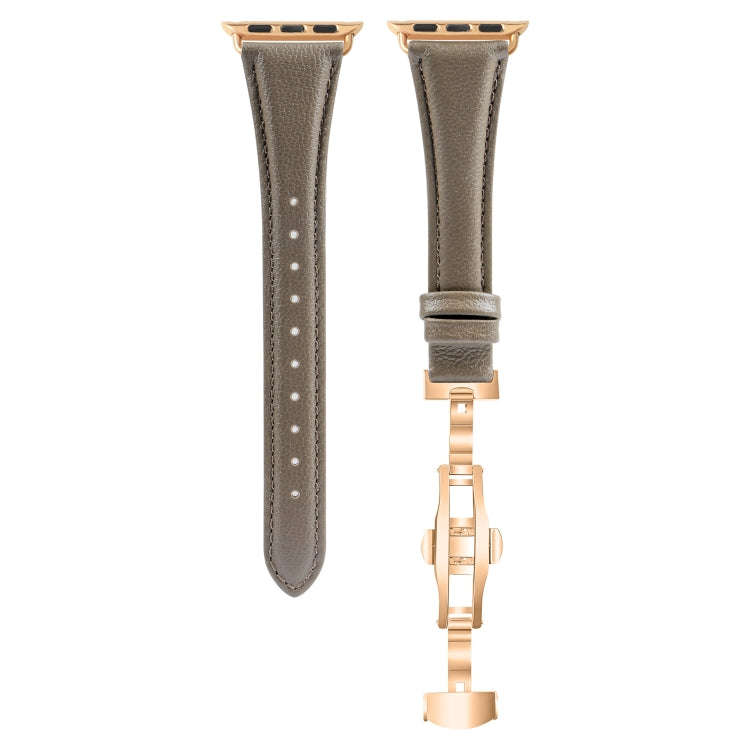 For Apple Watch Series 5 44mm Plain Leather Butterfly Buckle Watch Band(Gray+Rose Gold)