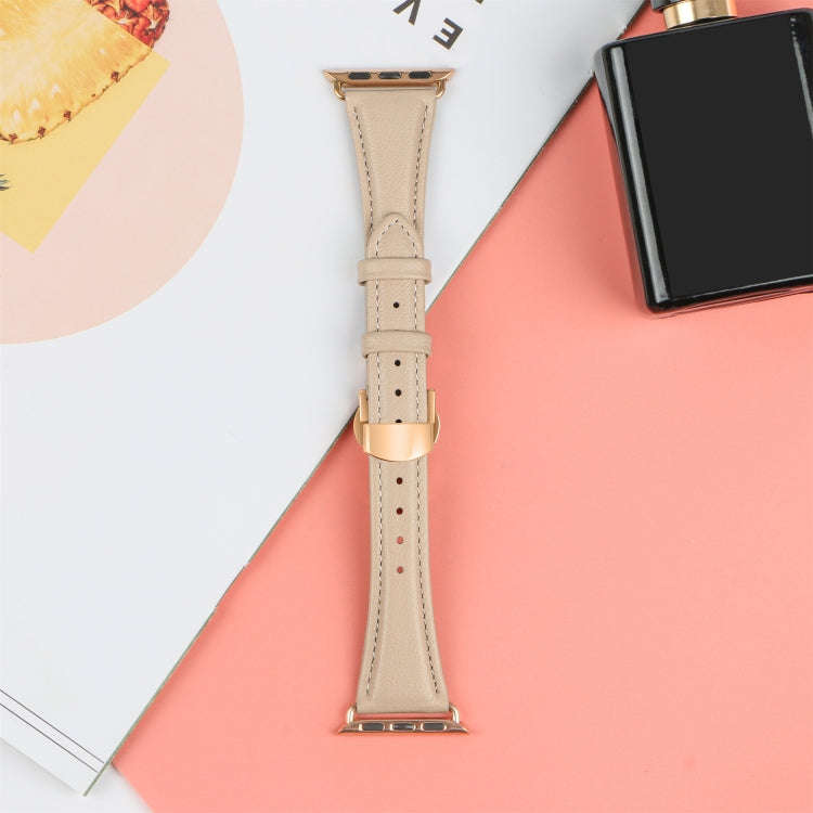 For Apple Watch Series 5 40mm Plain Leather Butterfly Buckle Watch Band(Apricot+Rose Gold)