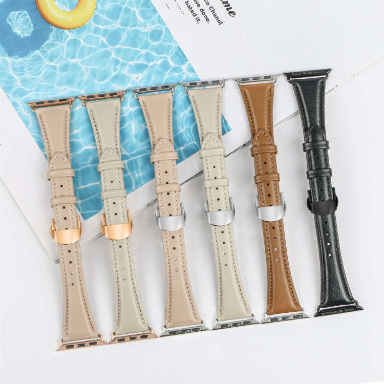 For Apple Watch Series 8 45mm Plain Leather Butterfly Buckle Watch Band(Apricot+Rose Gold)