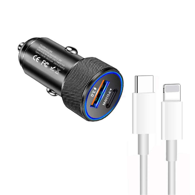 P19 Metal PD20W USB-C + QC18W USB Car Charger with Type-C to 8 Pin Date Cable(Black)