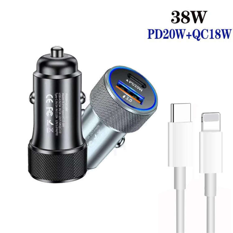 P19 Metal PD20W USB-C + QC18W USB Car Charger with Type-C to 8 Pin Date Cable(Black)