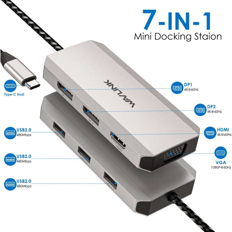WAVLINK WL-UMD305 7 in 1 4K DP / HDMI Quard Display USB-C Hub Dock Multi-port Adapter