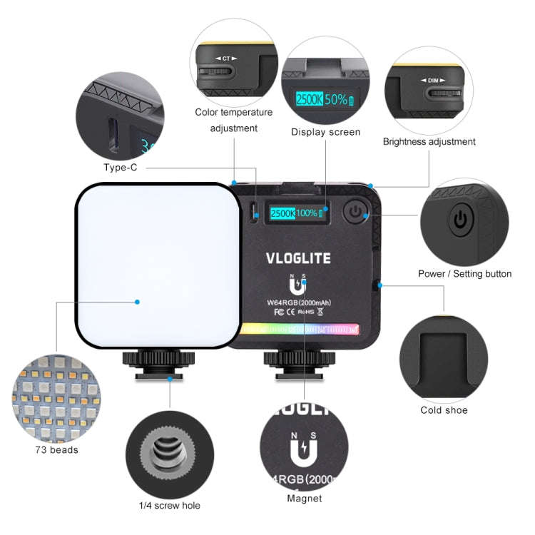 VLOGLITE W64RGB Dimmable RGB LED Pocket Fill Light 20 Modes Live Broadcast Video Light