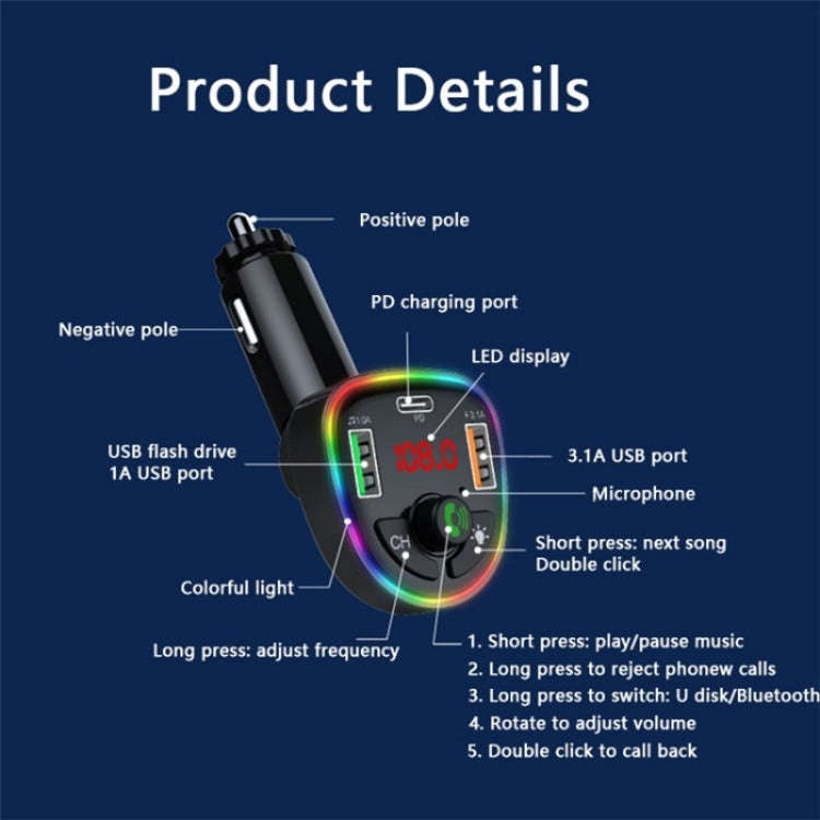 P24 1 Type-C + 2 USB Car Charger Car Bluetooth Music Player Voltage Detection