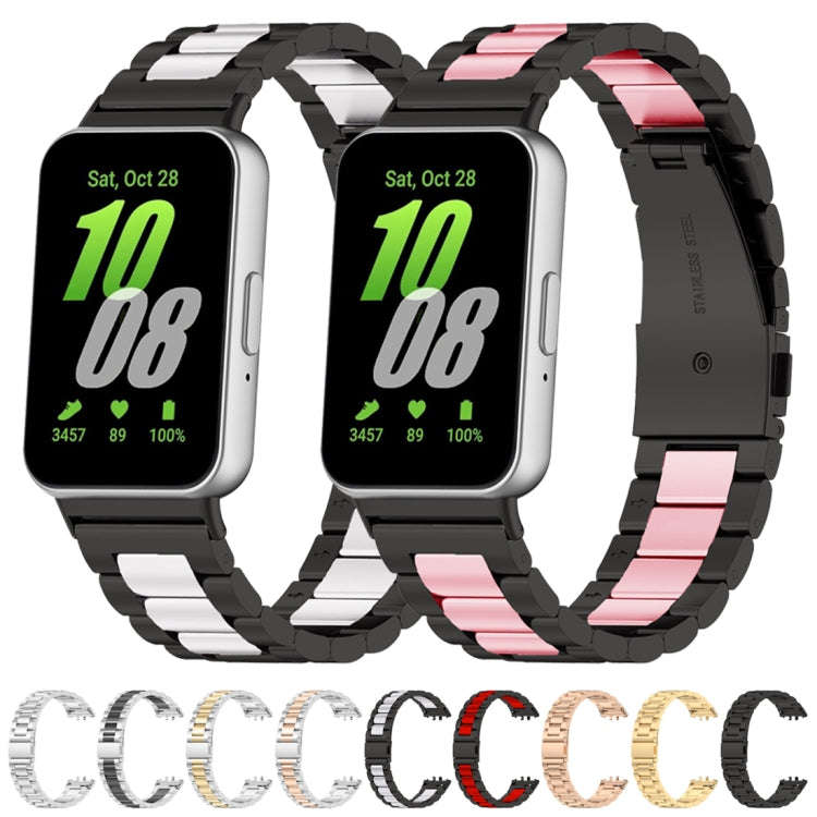 For Samsung Galaxy Fit 3 SM-R390 Three Bead Stainless Steel Metal Watch Band(Black+Red)