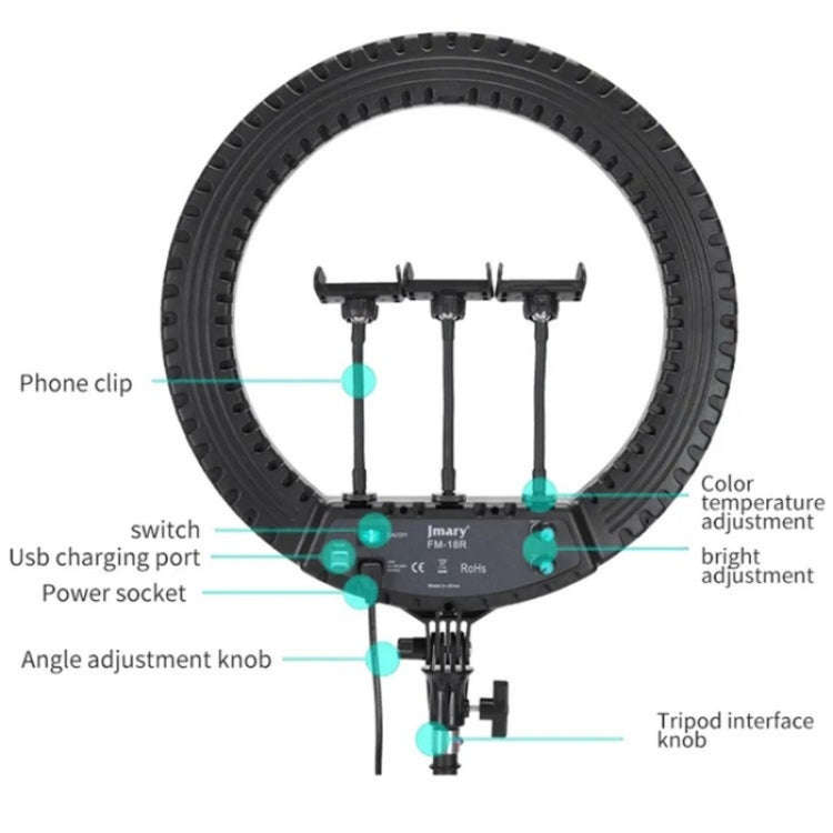 JMARY FM-18R LED Beauty Ring Light 18-inch Photography Live Streaming Fill Light(EU Plug)