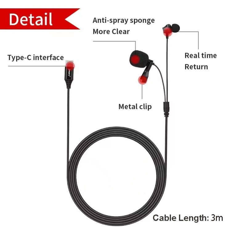 JMARY MC-R6 Lavalier Type-C Port Wired Microphone With In-ear Earphone, Length: 3m