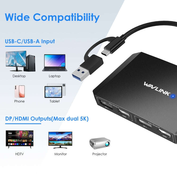 WAVLINK WL-UG69DH2 Dual Monitor USB+Type-C to Dual 4K HD DisplayPort Adapter Splitter(Black)