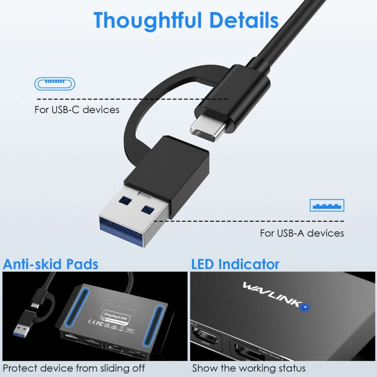 WAVLINK WL-UG69DH2 Dual Monitor USB+Type-C to Dual 4K HD DisplayPort Adapter Splitter(Black)