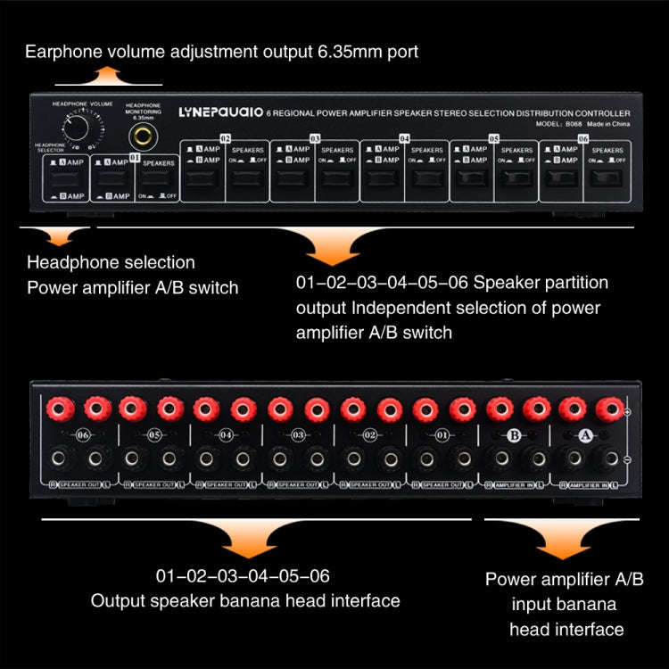 B06 82 In 6 Out Power Amplifier Speaker Selector 6 Region Stereo Speaker Switcher